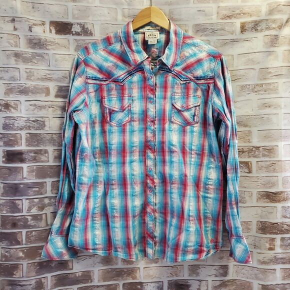 Ariat Shirt Junior XXL Colorful Pearl Snap Buttons Shimmer Embroidery Rodeo - Picture 1 of 12